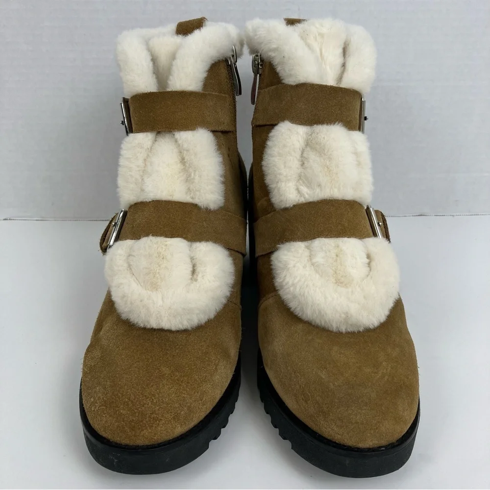 Saks Fifth Avenue Hailey Suede Chunky Winter Boots w Buckles Faux Fur Trim Sz 10